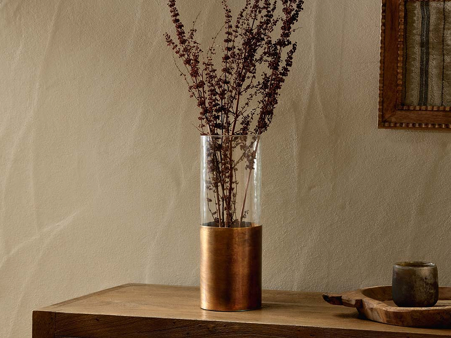 Khila Metal & Glass Vase - Clear & Antique Brass