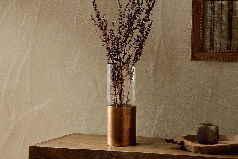 Khila Metal & Glass Vase - Clear & Antique Brass-nkuku