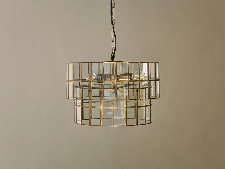 Kirindi Glass Panelled Chandelier - Clear & Antique Brass