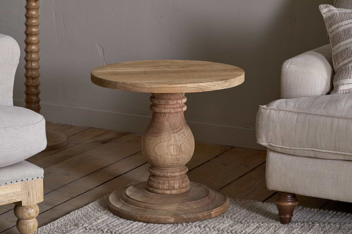 Laya Round Carved Mango Wood Side Table Natural nkuku