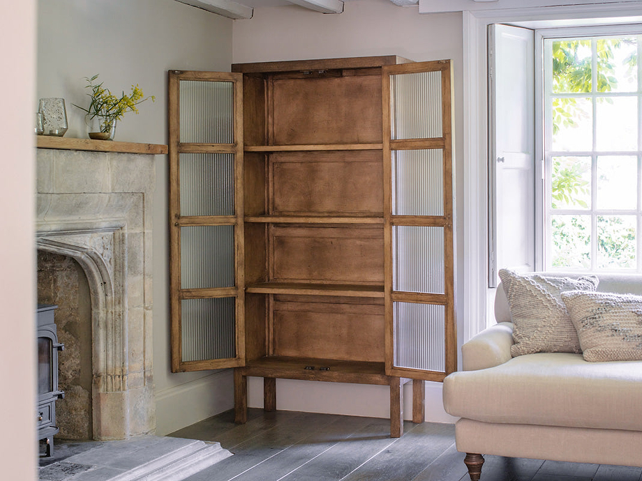 Mendani Mango Wood & Fluted Glass Cabinet - Walnut Stain