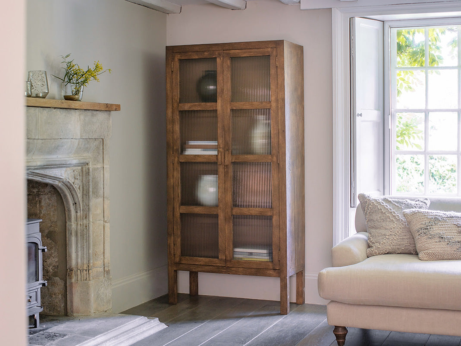 Mendani Mango Wood & Fluted Glass Cabinet - Walnut Stain