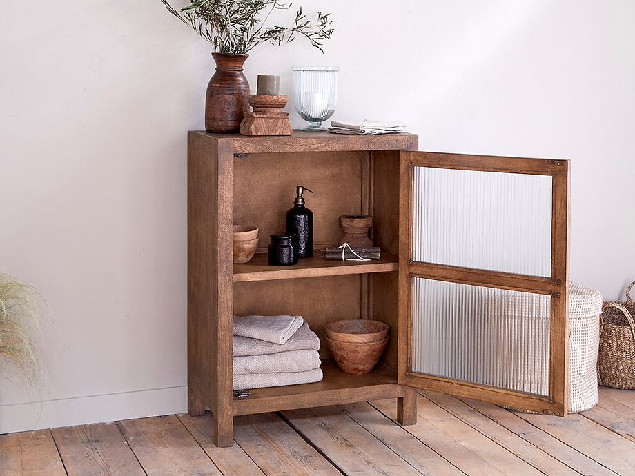 Mendani Mango Wood & Fluted Glass Glass Low Cabinet - Walnut Stain