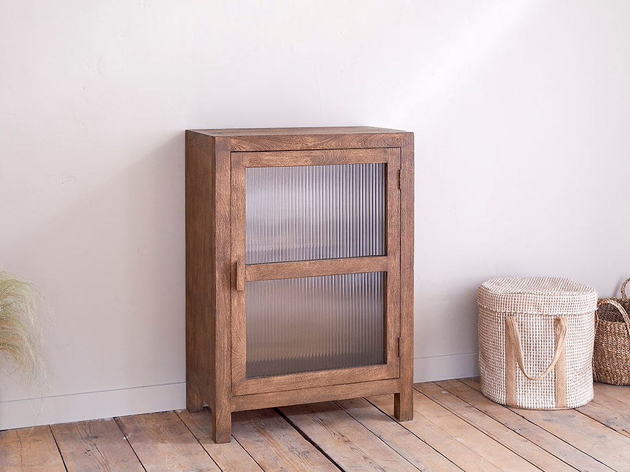 Mendani Mango Wood & Fluted Glass Glass Low Cabinet - Walnut Stain