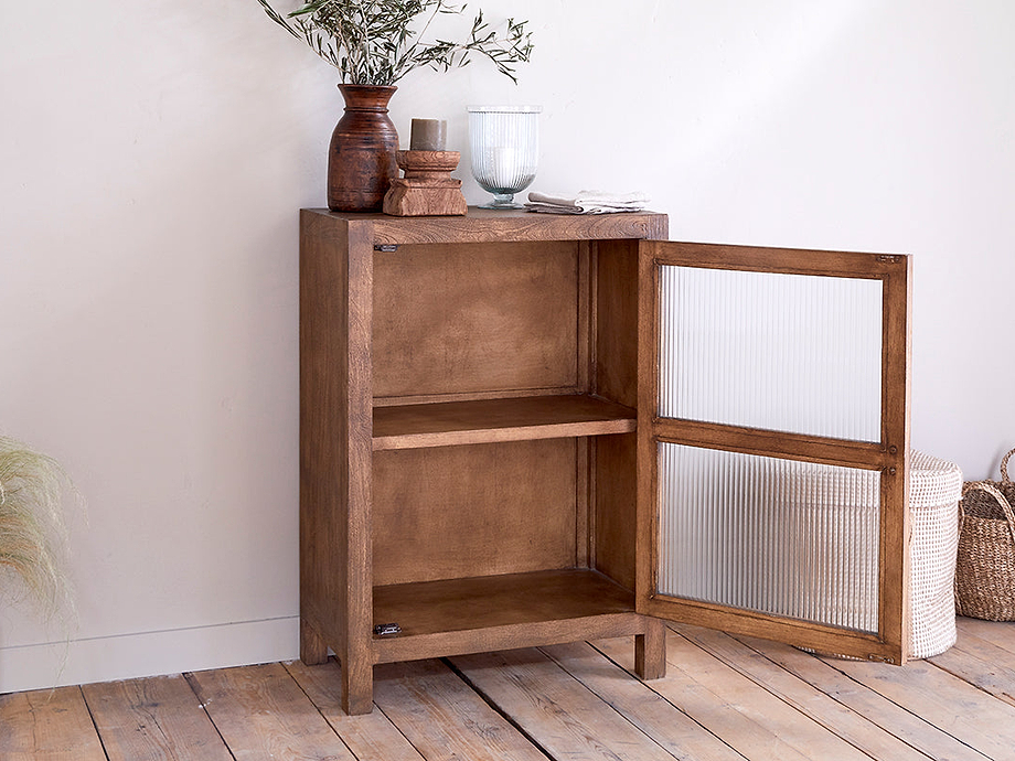 Mendani Mango Wood & Fluted Glass Glass Low Cabinet - Walnut Stain