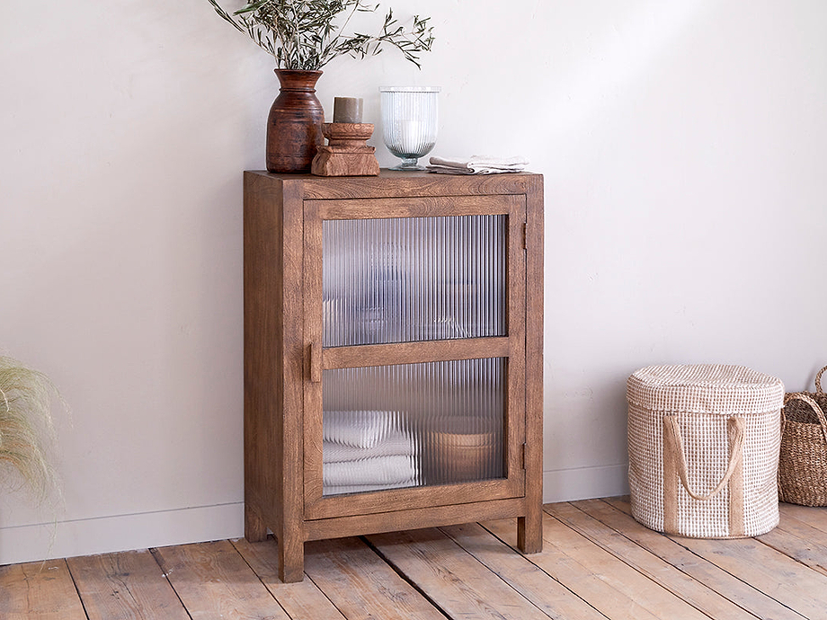 Mendani Mango Wood & Fluted Glass Glass Low Cabinet - Walnut Stain