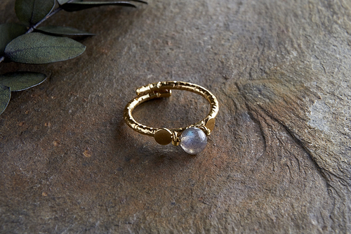The Marai Labradorite Ring by nkuku features a textured gold-plated band with round details and a translucent labradorite centerpiece, displayed on a rough stone surface with green leaves in the upper left corner.