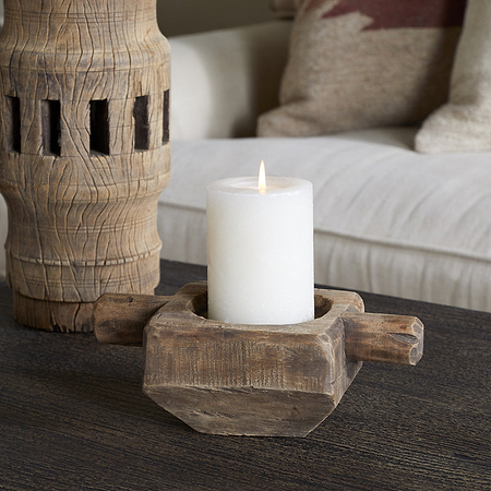 The nkuku Apu Reclaimed Wood Traditional Candle Holder in Natural is a beautifully crafted vintage Indian piece made from reclaimed wood.