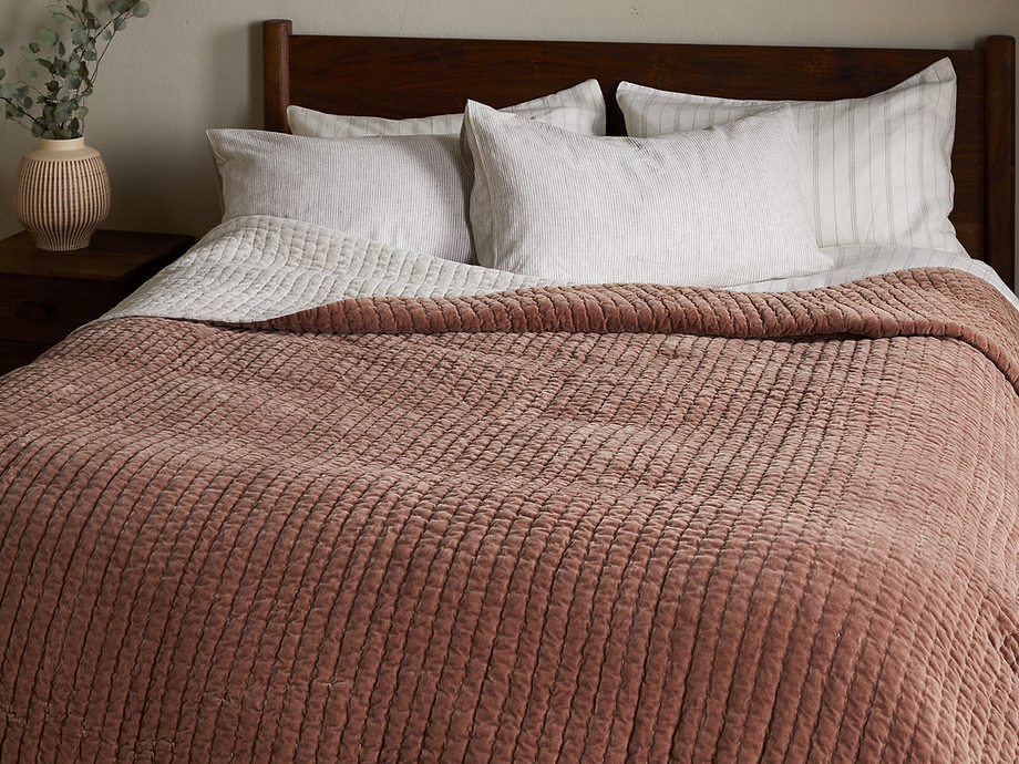 Nidra Velvet & Linen Bed Quilt - Rust
