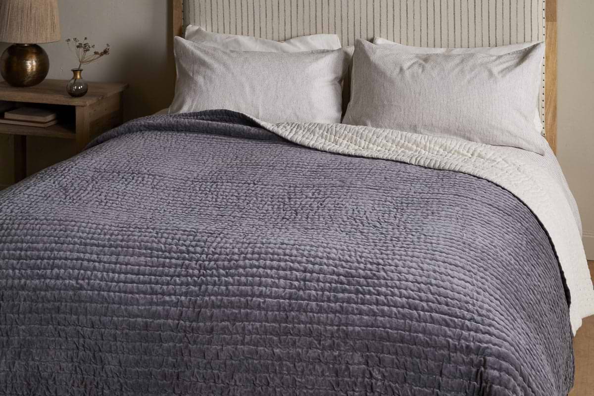 Nidra Velvet Linen Bed Quilt Charcoal nkuku
