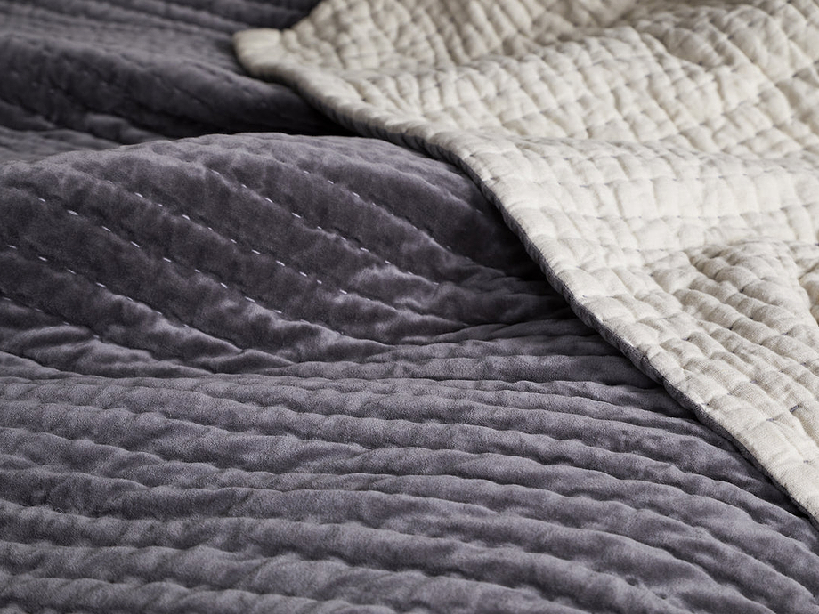 Nidra Velvet & Linen Bed Quilt - Charcoal