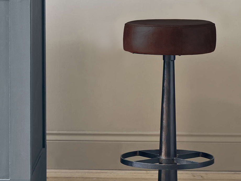 Narwana Leather Round Stool - Dark Brown