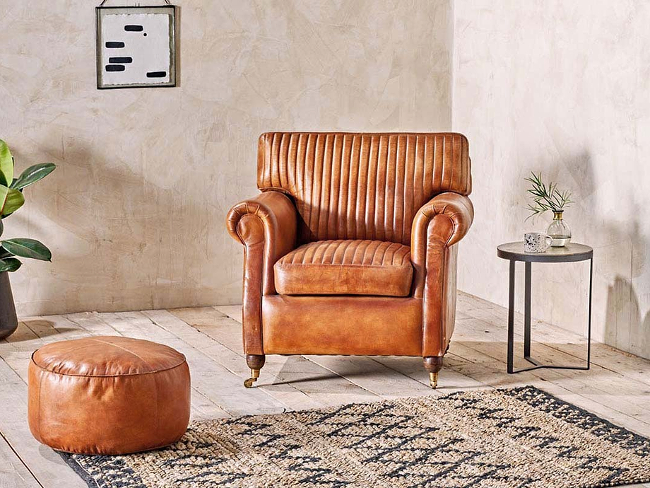 Nadu Leather Pouf - Aged Tan