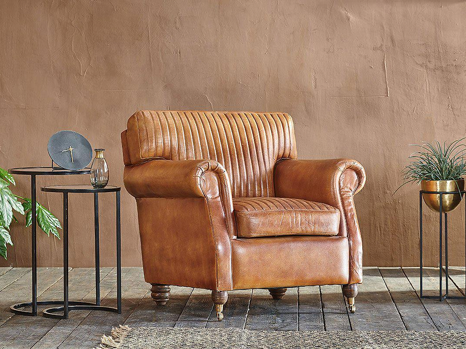 Narwana Ribbed Leather Armchair - Aged Tan