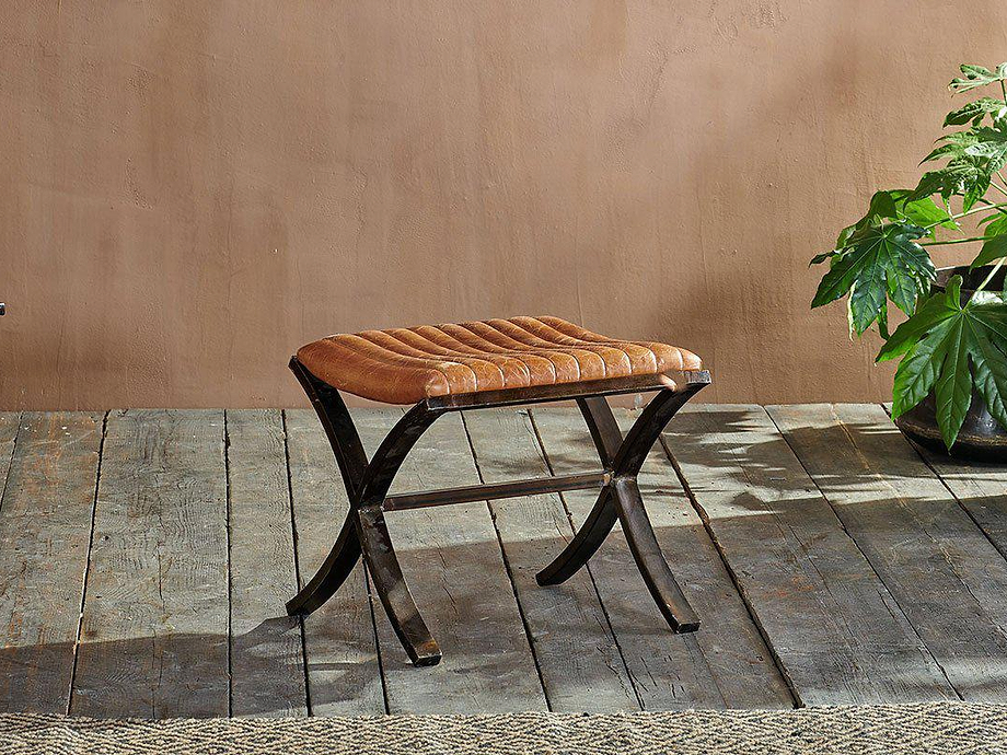 Narwana Ribbed Leather Footstool - Aged Tan