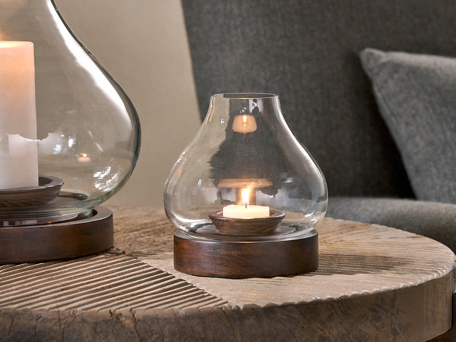 Naryla Mango Wood Lantern - Dark Stain & Clear