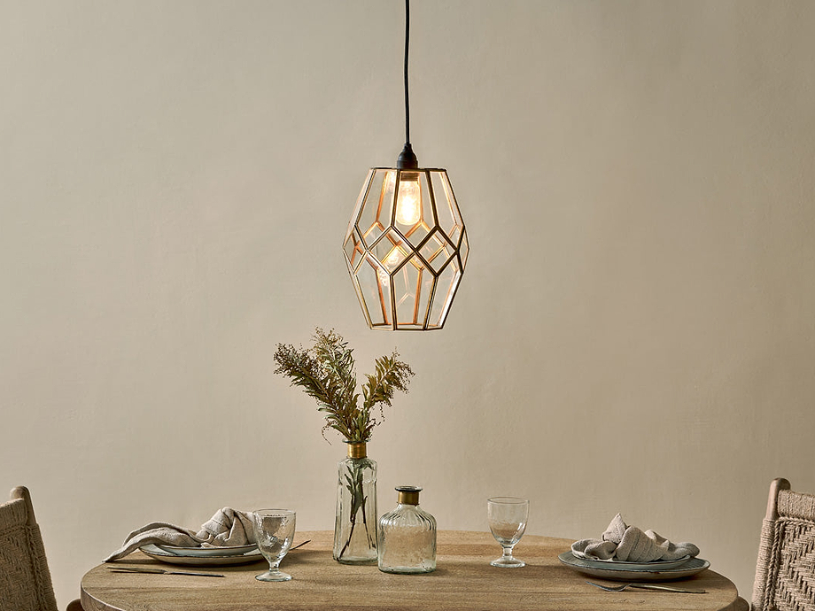 Nazat Panelled Glass Easy Fit LampShade - Clear & Antique Brass