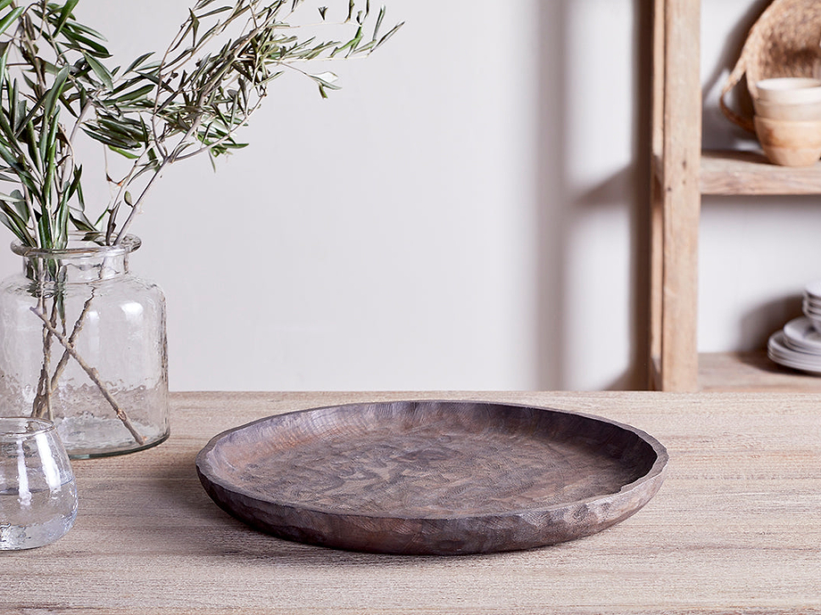 Nyati Mango Wood Etched Round Tray - Dark