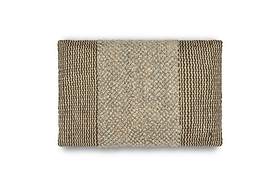 The Paduna Jute & Cotton Cushion Cover by nkuku features a soft blue and brown design with a textured center and ribbed edges made of natural fibers. The cover is displayed on a plain white background.