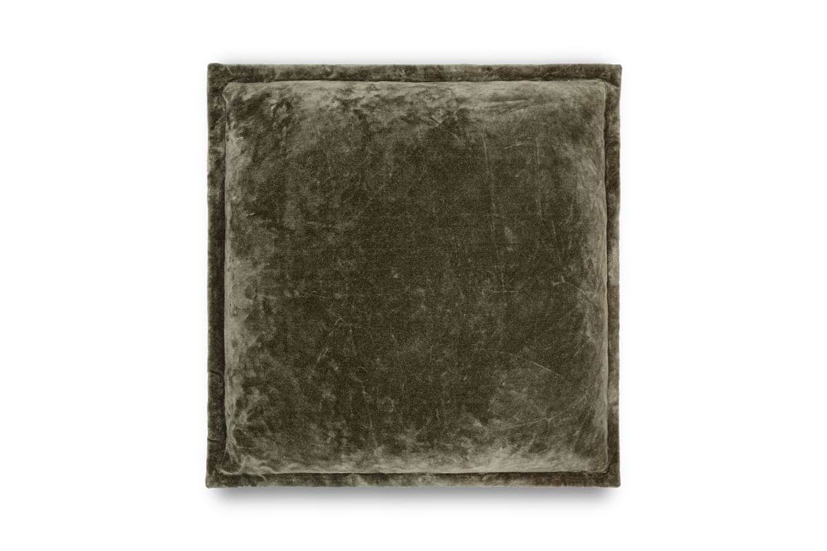 The nkuku Pilani Velvet & Linen Cushion Cover in Moss features soft, greenish-gray velvet with subtle texture and a wide flat border. This elegant cushion cover has a slight sheen and is shown against a plain white background.