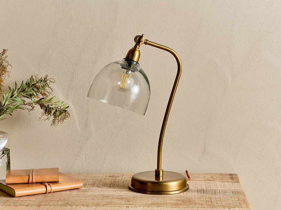 Purnia Glass & Metal Desk Lamp - Clear & Antique Brass