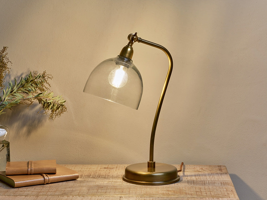 Purnia Glass & Metal Desk Lamp - Clear & Antique Brass