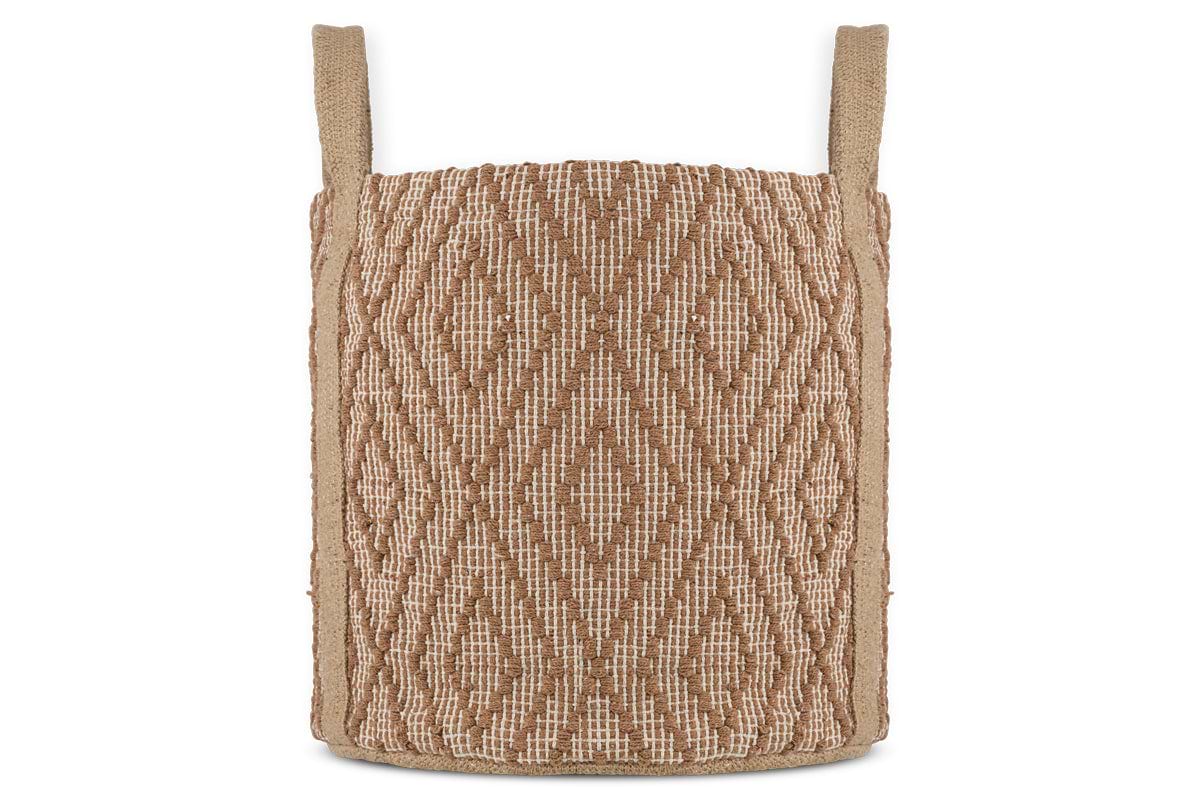 The Renu Jute Basket - Rust & Natural by nkuku features a kilim-inspired diamond pattern in brown and white with two tan handles.