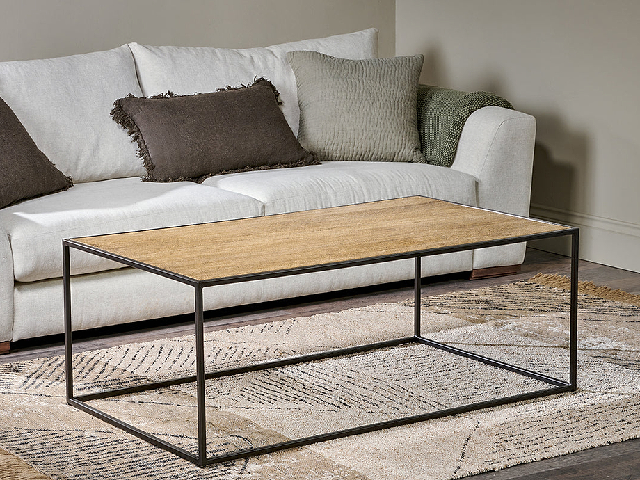 Rishin Grooved Wood Coffee Table - Natural & Gun Metal