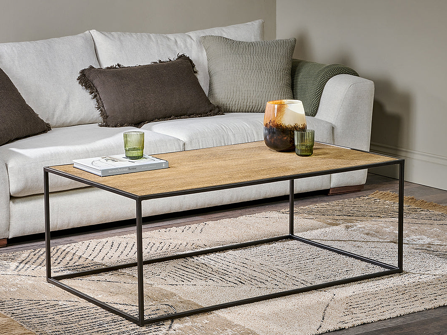 Rishin Grooved Wood Coffee Table - Natural & Gun Metal