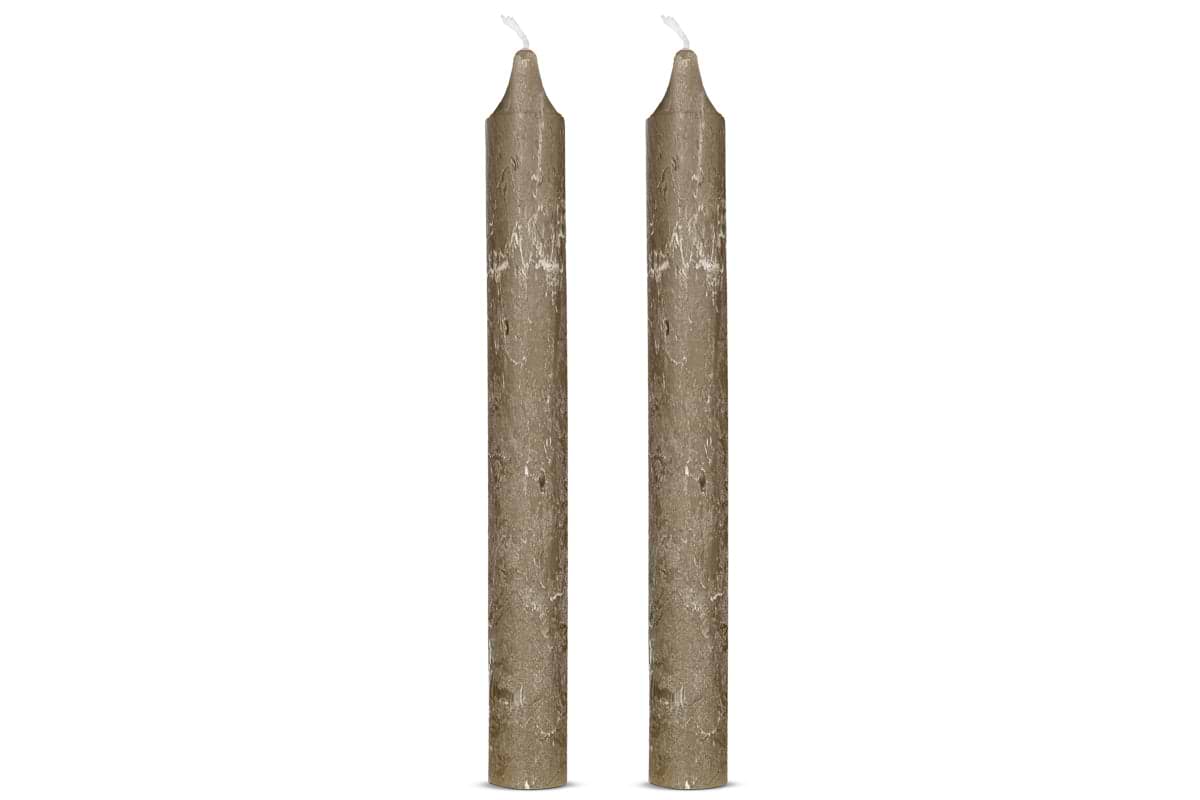 Two olive green Rustic Soy Blend Dinner Candles by nkuku stand upright side by side, each with a pointed tip, visible white wick, subtle marbling, and a beautifully textured finish. Set of 2.
