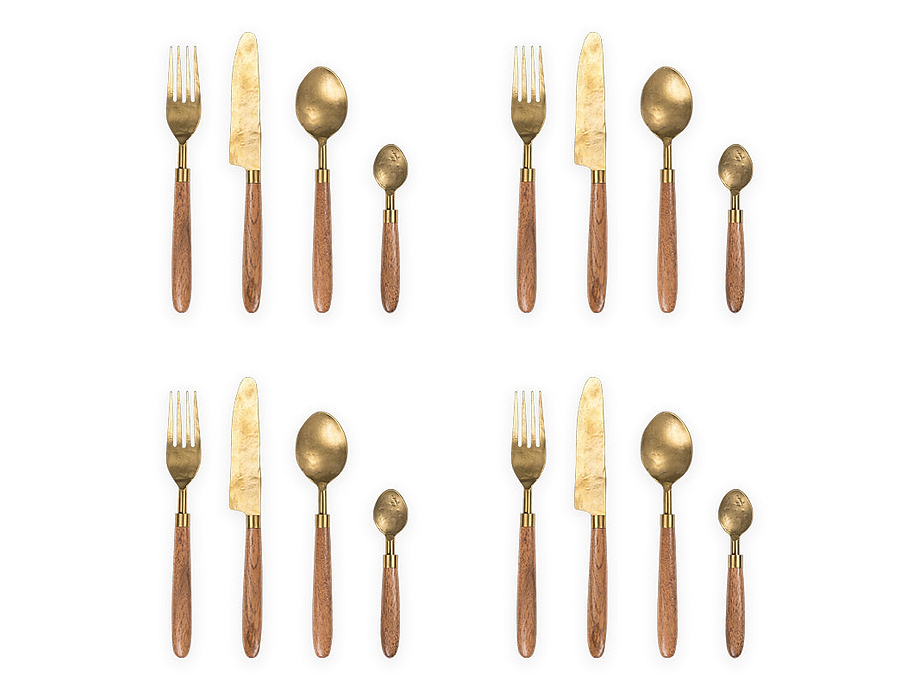 Soni Cutlery Set - Gold & Acacia (Set of 16)