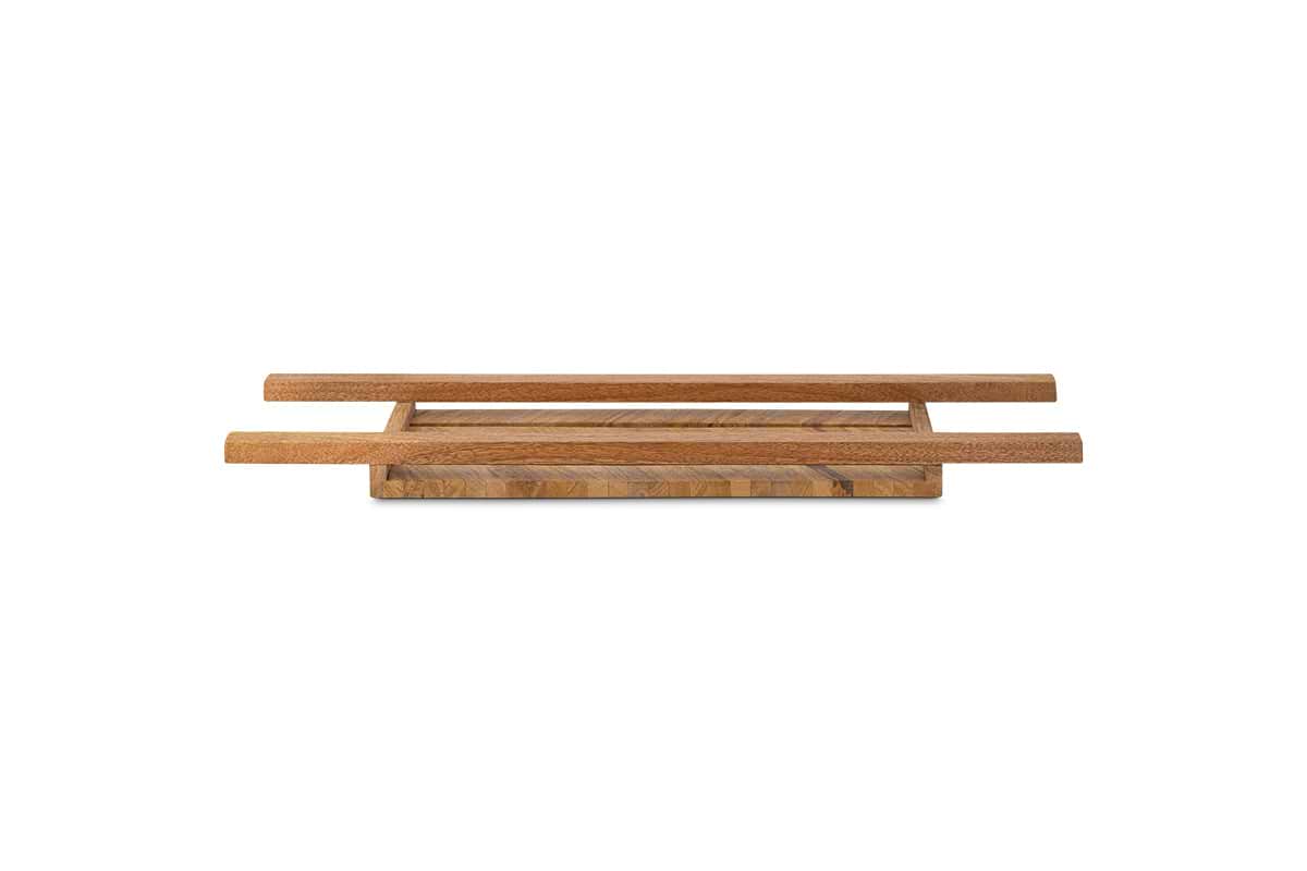 The Sukha Mango Bath Bridge - Natural by nkuku features a rectangular mango wood design with three raised slats on a light stone base, offering minimalist style and spa-like vibes for your bathroom.