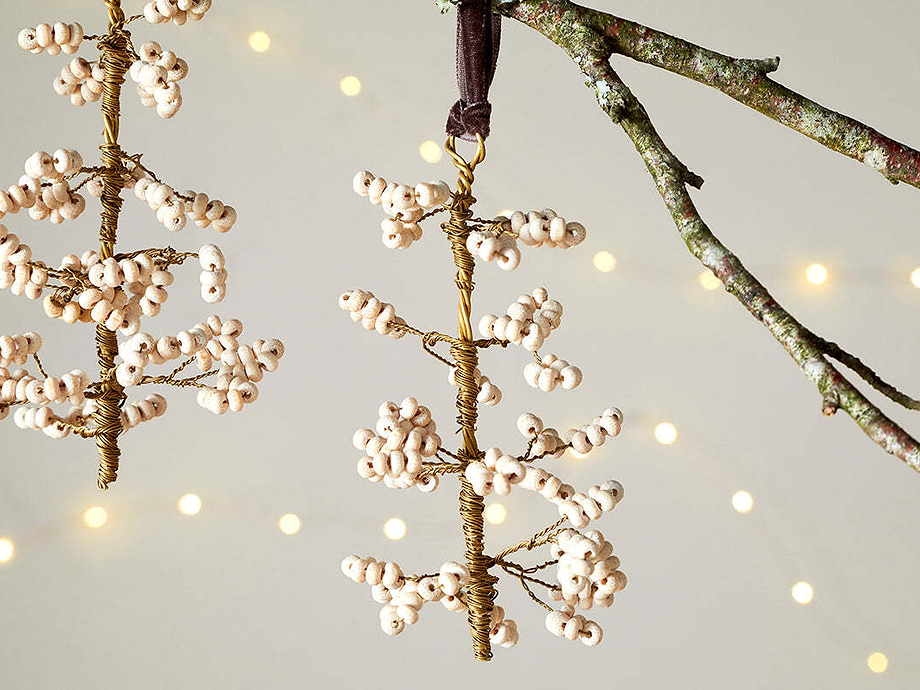 Tanu Mango Wood Beaded Baubles - Brass & Natural (Set of 3)