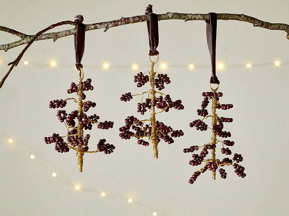 Tanu Mango Wood Beaded Baubles - Brass & Ruby (Set of 3)