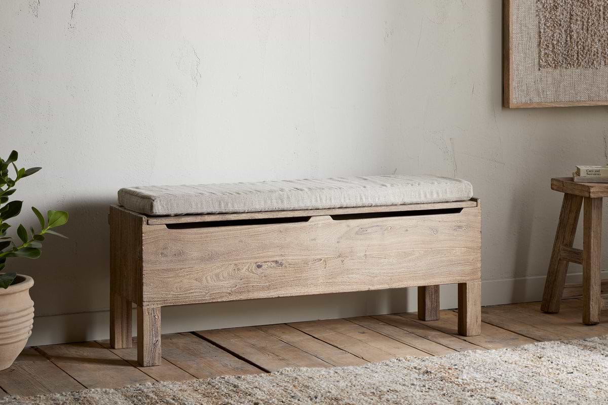 Teni Reclaimed Wood Storage Bench with Upholstered Linen Cushion