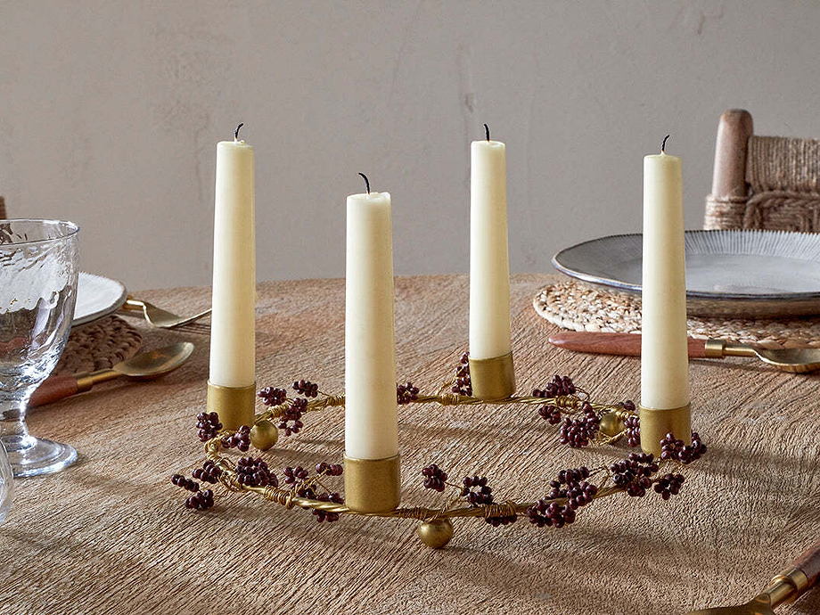 Tanu Mango Wood Beaded Candle Holder - Brass & Ruby