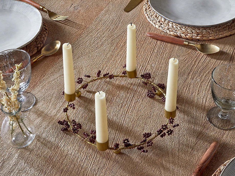 Tanu Mango Wood Beaded Candle Holder - Brass & Ruby
