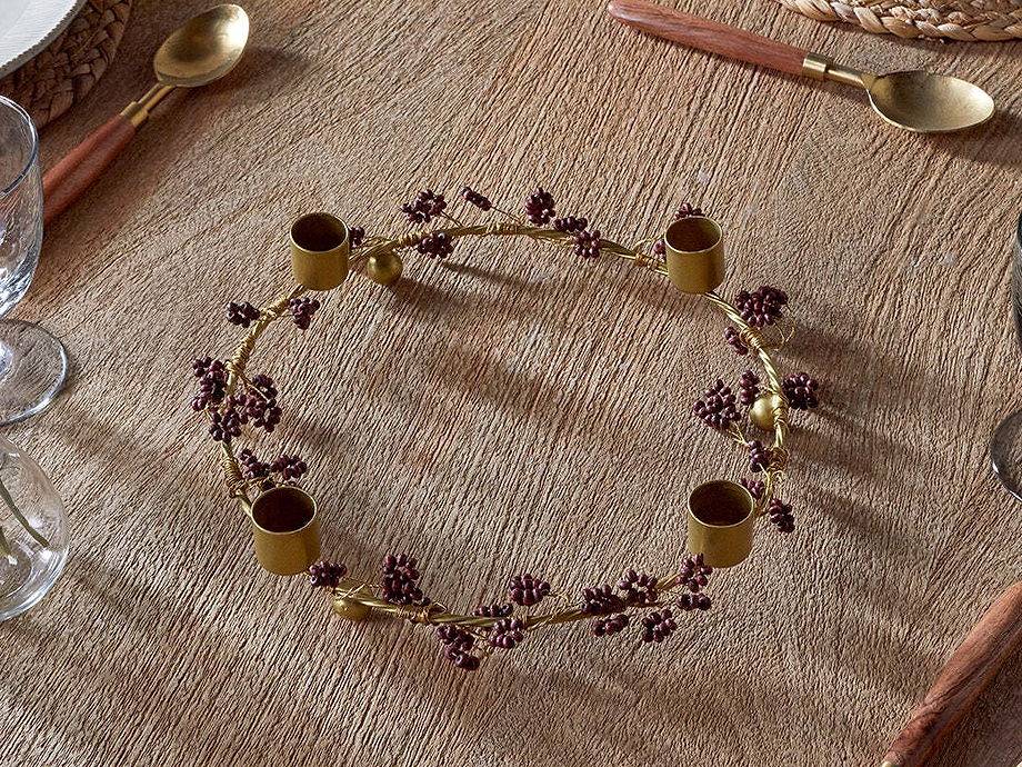 Tanu Mango Wood Beaded Candle Holder - Brass & Ruby