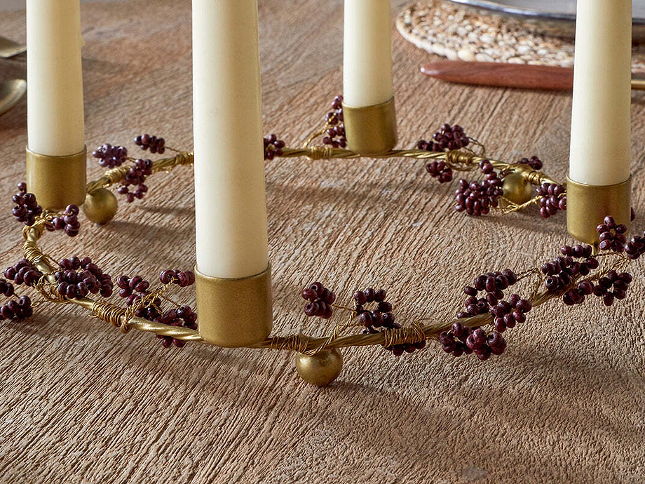 Tanu Mango Wood Beaded Candle Holder - Brass & Ruby