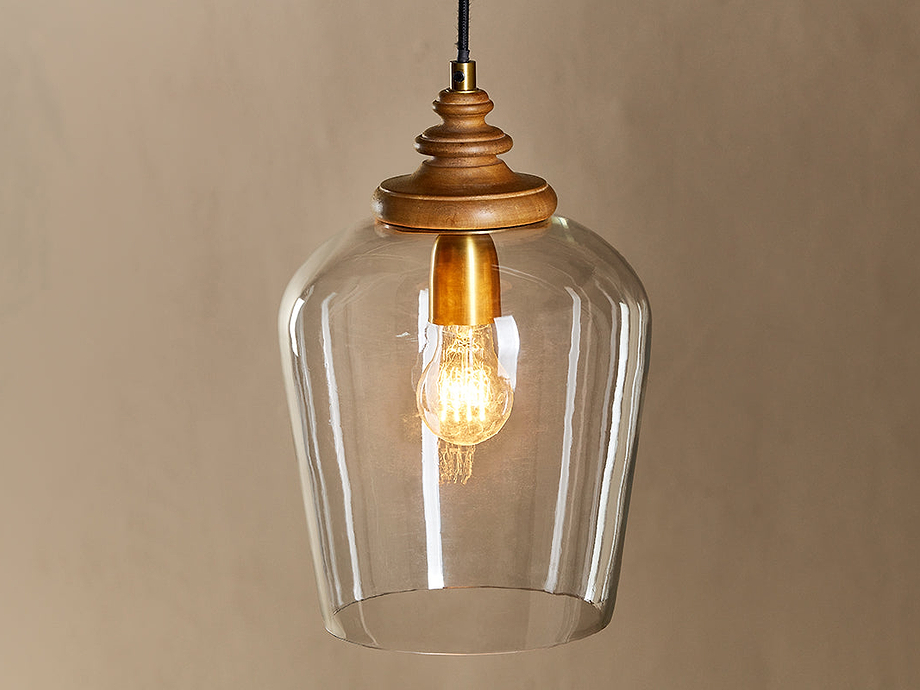 Varuna Mango Wood & Glass Pendant Lamp - Natural & Clear