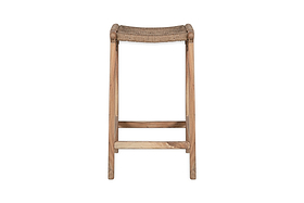 A front view of the nkuku Vinay Woven Counter Stool – Natural, crafted from Acacia Wood with a woven natural jute seat, set against a white background.