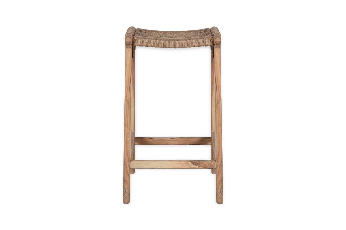 A front view of the nkuku Vinay Woven Counter Stool – Natural, crafted from Acacia Wood with a woven natural jute seat, set against a white background.