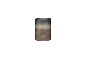 The Etti Tealight Holders by nkuku feature a cylindrical metal design with a navy and smoke gradient finish, ideal for creating an ambient glow. Shown here against a plain white background.