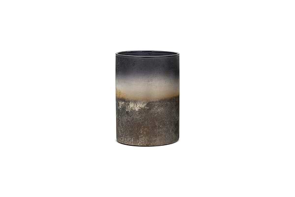 The Etti Tealight Holders by nkuku feature a cylindrical ceramic design in navy and smoke tones, with a matte, rustic gradient finish that evokes an ambient glow against a white background.