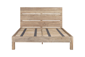 The nkuku Iya Reclaimed Wood Bed - Natural features a simple, modern design with a slatted headboard and base in a rustic natural wood finish, shown from the front against a white background.