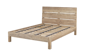The Iya Reclaimed Wood Bed - Natural by nkuku is a super king bed frame with a slatted headboard, platform base, natural wood finish, and modern minimalist design. Mattress not included.
