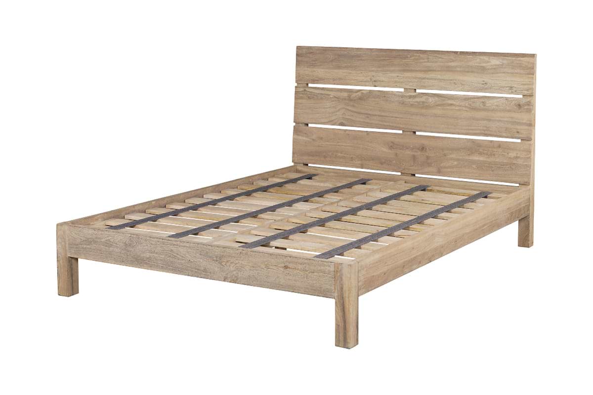 The Iya Reclaimed Wood Bed - Natural by nkuku is a super king bed frame with a slatted headboard, platform base, natural wood finish, and modern minimalist design. Mattress not included.