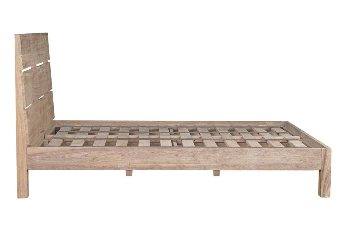 The nkuku Iya Reclaimed Wood Bed - Natural features a tall headboard, slatted base, and rustic charm with its light wood finish, shown side view on a white background.