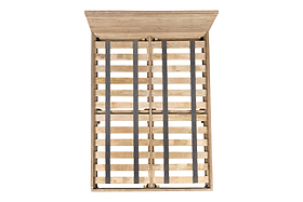 A top-down view of the Iya Reclaimed Wood Bed - Natural by nkuku, featuring closely spaced horizontal slats, a tall rectangular headboard, light natural wood, and black vertical support straps across the slats.