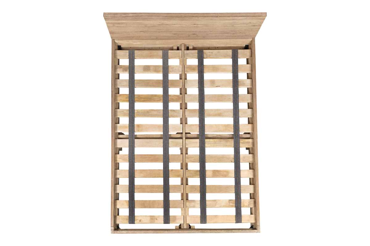 A top-down view of the Iya Reclaimed Wood Bed - Natural by nkuku, featuring closely spaced horizontal slats, a tall rectangular headboard, light natural wood, and black vertical support straps across the slats.